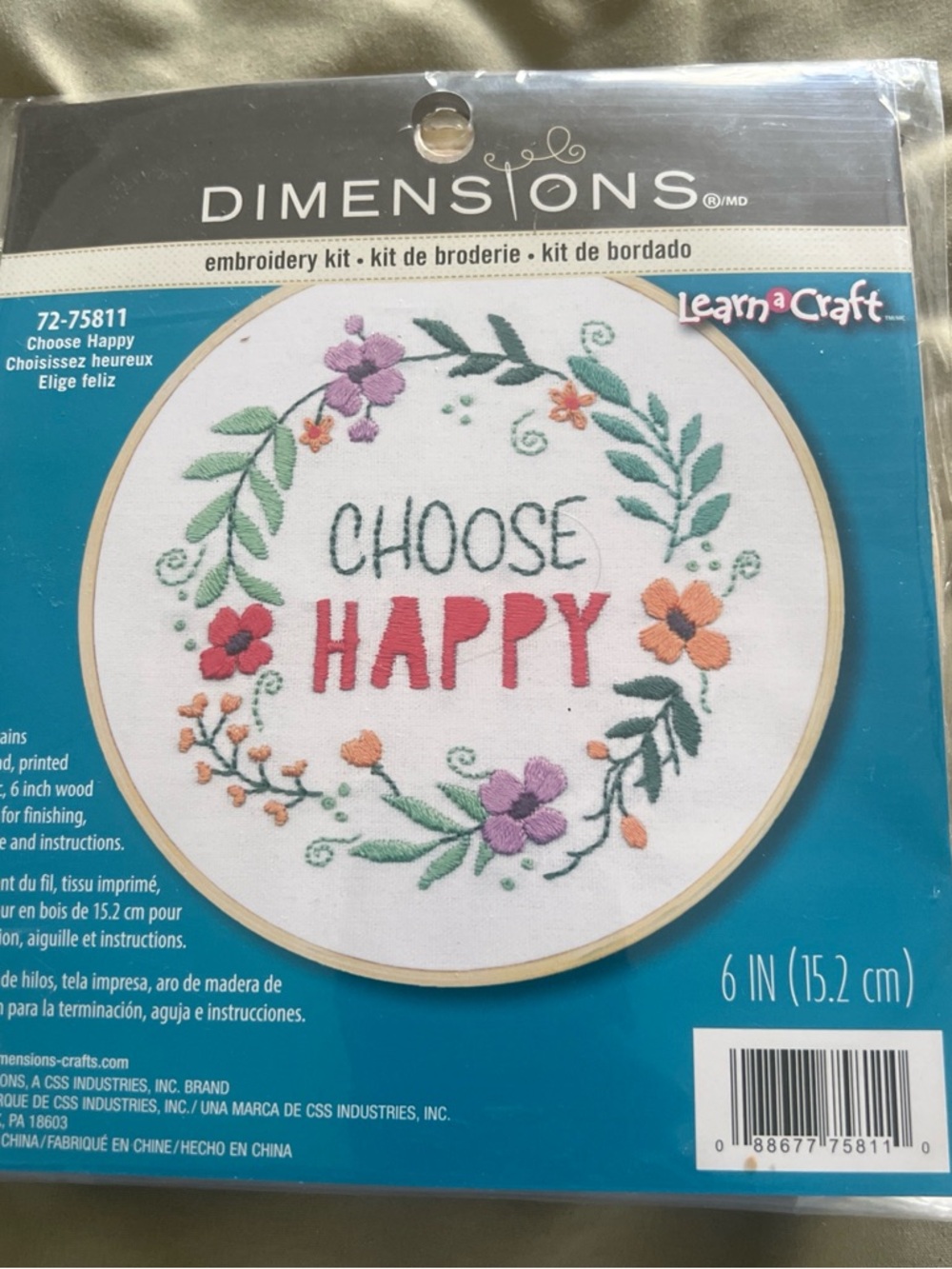 DIMENSIONS 'Choose Happy' Embroidery Kit - Floral Wreath in Pink, Green, Purple